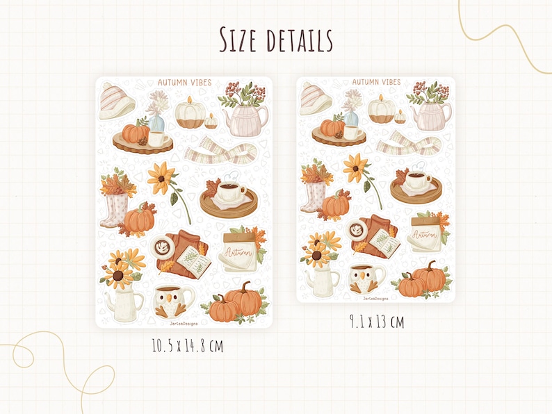 May include: Two sticker sheets with autumn-themed illustrations. The stickers feature pumpkins, sunflowers, coffee cups, a scarf, and the text "AUTUMN VIBES". The larger sheet measures 10.5 x 14.8 cm, and the smaller one is 9.1 x 13 cm.