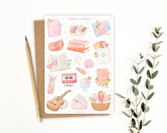 Hoja de pegatinas de libros románticos de verano / pegatinas para diario de lectura, pegatinas para planificador, pegatinas para libros, pegatinas lindas para libros, pegatinas con temática de libros