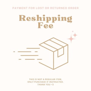 May include: A beige graphic with text that reads "Reshipping Fee" and "Payment for lost or returned order." A line drawing of a box with motion lines is included. The text "This is not a regular item, only purchase if instructed. Thank you <3" is also present.