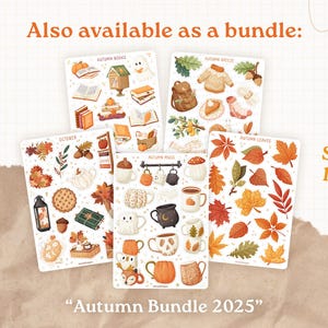 May include: Five sticker sheets with autumn-themed illustrations. The sheets depict items like books, leaves, mugs, and sweaters. The text "Autumn Bundle 2025" is at the bottom, with "Save 10%" on the right. The words "Also available as a bundle" are at the top.