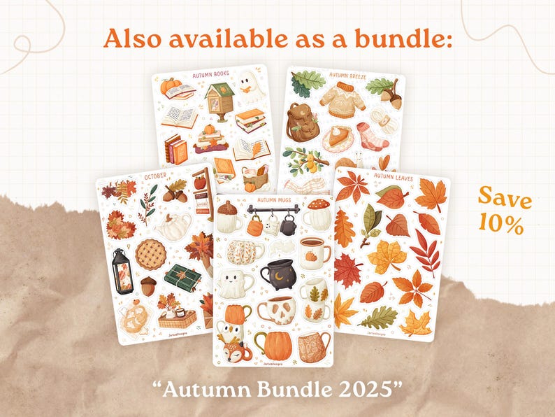 May include: Five sticker sheets with autumn-themed illustrations. The sheets depict items like books, leaves, mugs, and sweaters. The text "Autumn Bundle 2025" is at the bottom, with "Save 10%" on the right. The words "Also available as a bundle" are at the top.