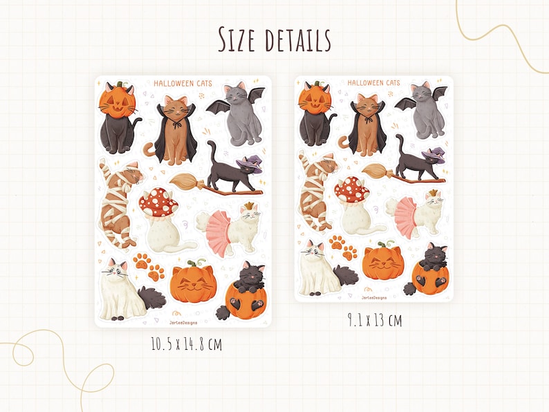 Pu&ograve; includere: Due fogli di adesivi con la scritta HALLOWEEN CATS con illustrazioni di gatti in costume, tra cui teste di zucca, mantelli da vampiro, ali di pipistrello, bende da mummia, cappelli a fungo e tut&ugrave;. I fogli misurano 10,5 x 14,8 cm e 9,1 x 13 cm.