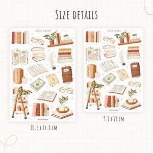 May include: Two rectangular sticker sheets labeled BOOK LOVER featuring illustrations of books, reading glasses, potted plants, and a rolling cart. The left sheet measures 10.5 cm by 14.8 cm, and the right sheet measures 9.1 cm by 13 cm, with JartzaDesigns text.