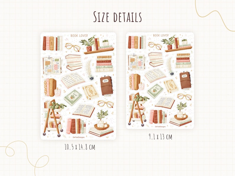 May include: Two rectangular sticker sheets labeled BOOK LOVER featuring illustrations of books, reading glasses, potted plants, and a rolling cart. The left sheet measures 10.5 cm by 14.8 cm, and the right sheet measures 9.1 cm by 13 cm, with JartzaDesigns text.