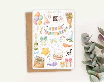 Sticker Sheet Happy Birthday Sticker | Birthday Sticker Sheet| Planner Sticker Sheet | Journal Stickers, Party, celebrating, presents