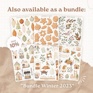 May include: Six sheets of decorative stickers featuring winter and holiday themes including gingerbread cookies, Christmas ornaments, winter branches, houses, a deer, and cozy interior scenes with the text Bundle Winter 2023.