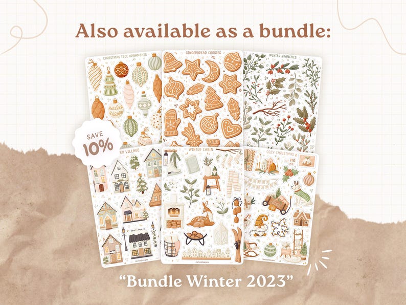 May include: Six sheets of decorative stickers featuring winter and holiday themes including gingerbread cookies, Christmas ornaments, winter branches, houses, a deer, and cozy interior scenes with the text Bundle Winter 2023.
