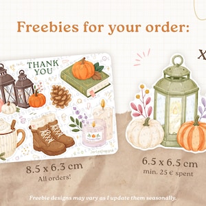 May include: A rectangular sticker sheet and a die-cut sticker featuring autumn illustrations. The sheet displays lanterns, pumpkins, a book, a pinecone, a mug, boots, and candles with the text THANK YOU. The die-cut sticker shows a lantern, pumpkins, and foliage. Dimensions are 8.5 x 6.3 cm and 6.5 x 6.5 cm.