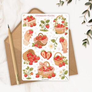 May include: A sticker sheet titled STRAWBERRY PICKING featuring various illustrations of red strawberries, woven baskets filled with fruit, strawberry plants with white flowers, and hands holding strawberries, all rendered in a soft watercolor style.