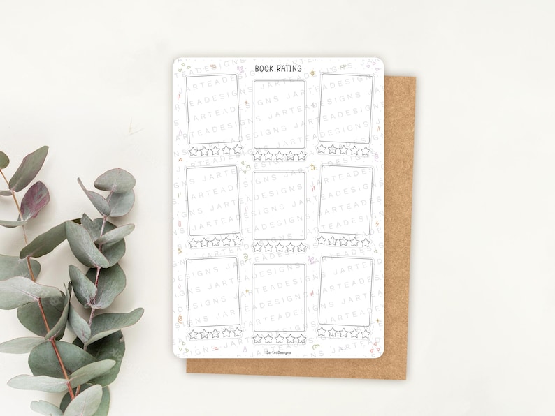 May include: A white book rating sticker with the words "BOOK RATING" at the top. The sticker has ten rectangular boxes with star ratings below each box. The sticker is on a brown card.