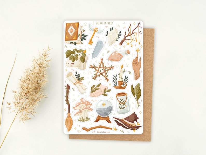 May include: A rectangular sticker sheet titled BEWITCHED featuring various illustrations including a book, a key, crystals, a skull planter, a pentagram, a candle, a hand, a scroll, mushrooms, a crystal ball, a jar, a broom, and a hat.