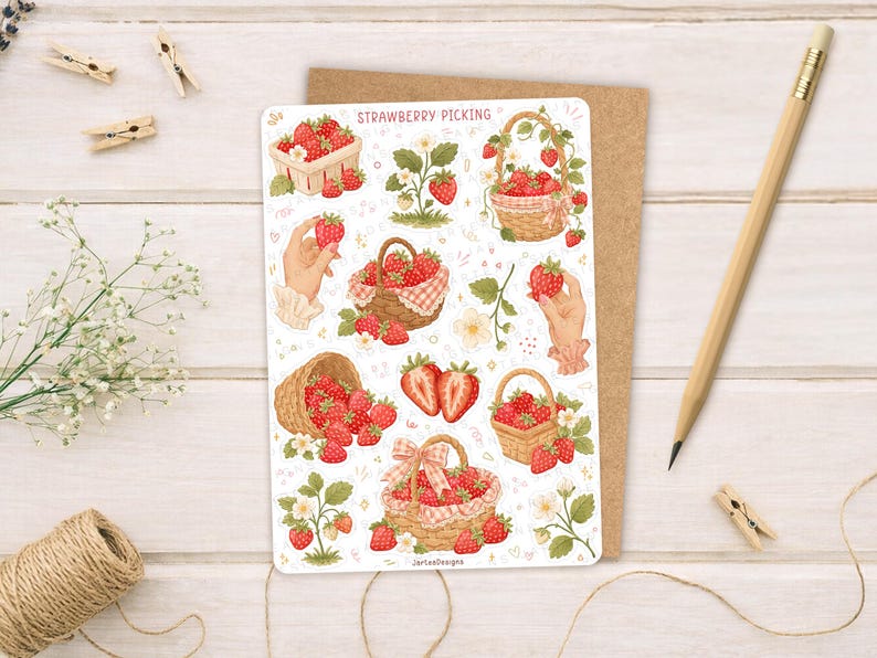 May include: A sticker sheet titled STRAWBERRY PICKING featuring various illustrations of red strawberries, woven baskets filled with fruit, strawberry plants with white flowers, and hands holding individual strawberries on a white background.