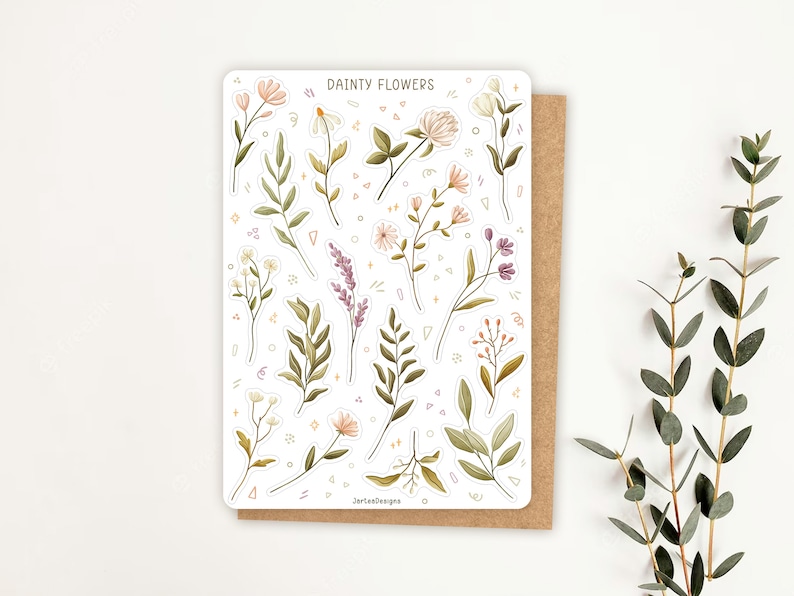 May include: A rectangular sticker sheet titled DAINTY FLOWERS featuring various watercolor-style illustrations of wildflowers, leaves, and sprigs in shades of green, pink, and purple, accented with small geometric shapes and stars.