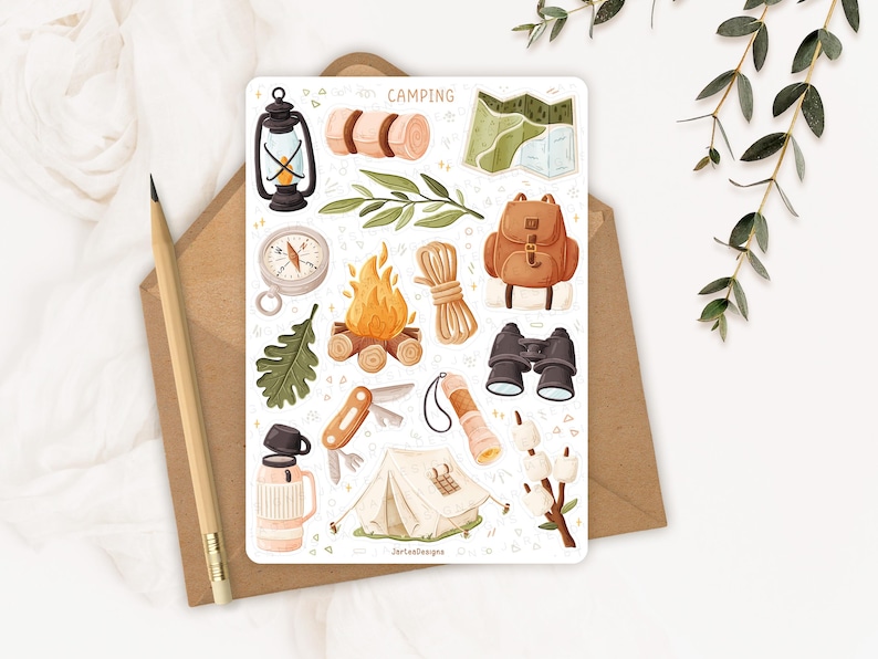 May include: A sticker sheet titled CAMPING featuring illustrations of a black lantern, rolled sleeping bag, green map, compass, campfire, rope, brown backpack, oak leaf, pocket knife, flashlight, binoculars, tent, thermos, and marshmallows.