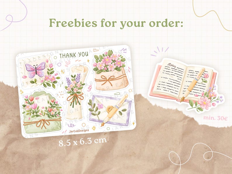 May include: A collection of stickers with floral and butterfly designs, plus an open book and pen. The stickers include the text "Thank You" and "Notes". The sticker sheet measures 8.5 x 6.3 cm.