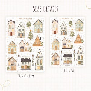May include: Two sticker sheets titled Winter Village featuring various illustrated houses, trees, and street lamps in soft colors. The left sheet measures 10.5 by 14.8 cm, and the right sheet measures 9.1 by 13 cm, with grid lines visible in the background.