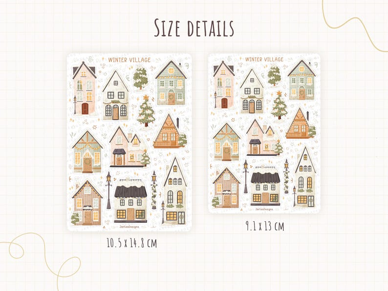 May include: Two sticker sheets titled Winter Village featuring various illustrated houses, trees, and street lamps in soft colors. The left sheet measures 10.5 by 14.8 cm, and the right sheet measures 9.1 by 13 cm, with grid lines visible in the background.