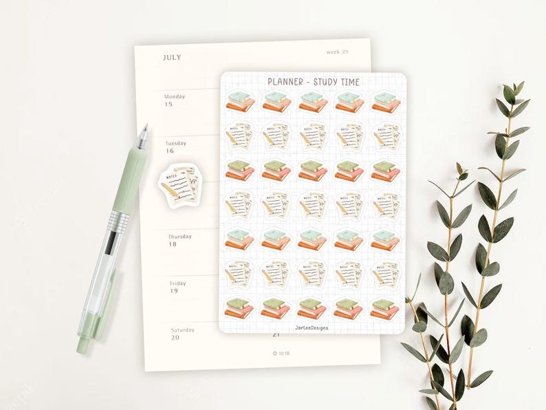 May include: A planner page with a pen, sticker, and sticker sheet. The sticker sheet has the text "PLANNER - STUDY TIME" and features small illustrations of books, notes, and pencils. The pen is light green, and the sticker is a note with a pencil.