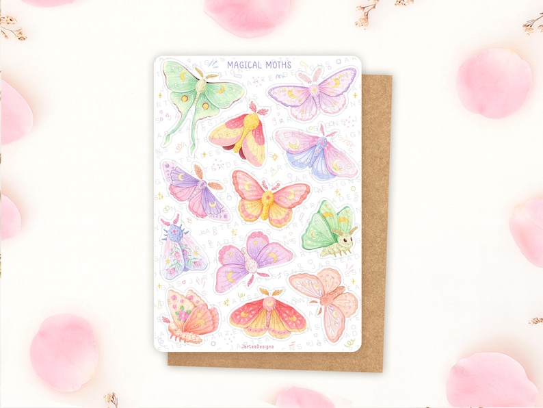 May include: A rectangular sticker sheet titled MAGICAL MOTHS featuring eleven watercolor-style illustrations of moths in various pastel shades of pink, purple, yellow, and green, accented with small stars and sparkles on a white background.