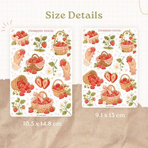 May include: Two rectangular sticker sheets titled Strawberry Picking featuring illustrations of strawberries, woven baskets, and hands. The left sheet measures 10.5 x 14.8 cm and the right sheet measures 9.1 x 13 cm, both displaying various strawberry motifs.
