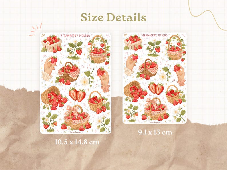 May include: Two rectangular sticker sheets titled Strawberry Picking featuring illustrations of strawberries, woven baskets, and hands. The left sheet measures 10.5 x 14.8 cm and the right sheet measures 9.1 x 13 cm, both displaying various strawberry motifs.