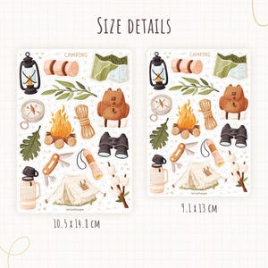 May include: Two sticker sheets labeled SIZE DETAILS and CAMPING featuring illustrations of a lantern, sleeping bag, map, compass, campfire, rope, backpack, binoculars, multi-tool, flashlight, tent, mug, and marshmallows. Sizes are 10.5 x 14.8 cm and 9.1 x 13 cm.