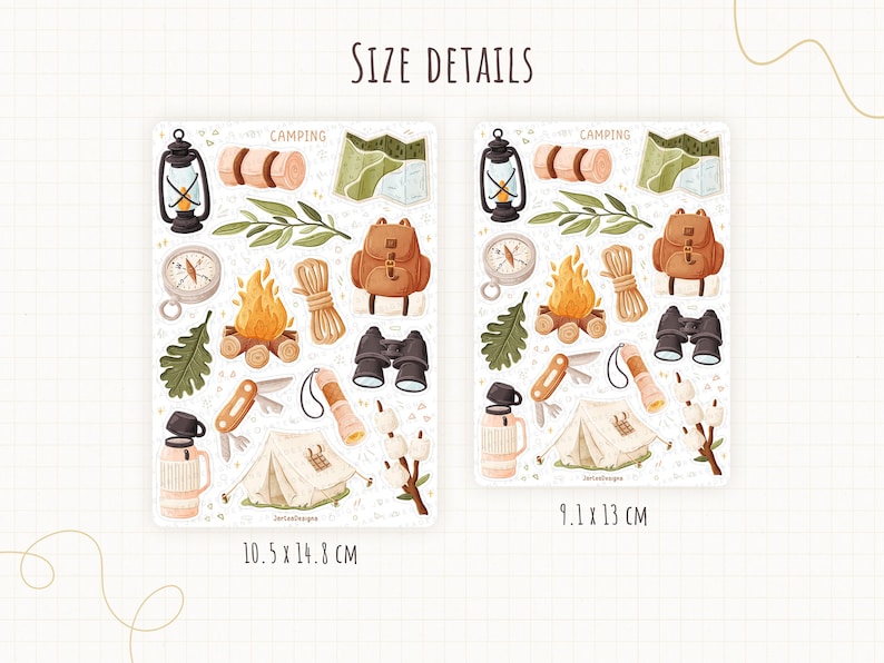 May include: Two sticker sheets labeled SIZE DETAILS and CAMPING featuring illustrations of a lantern, sleeping bag, map, compass, campfire, rope, backpack, binoculars, multi-tool, flashlight, tent, mug, and marshmallows. Sizes are 10.5 x 14.8 cm and 9.1 x 13 cm.