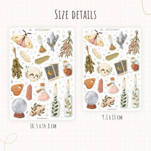 May include: Two sticker sheets labelled WITCHCRAFT featuring illustrations of moths, crystals, skulls, tarot cards, potion bottles, candles, and a crystal ball. The left sheet measures 10.5 by 14.8 cm, and the right sheet measures 9.1 by 13 cm.
