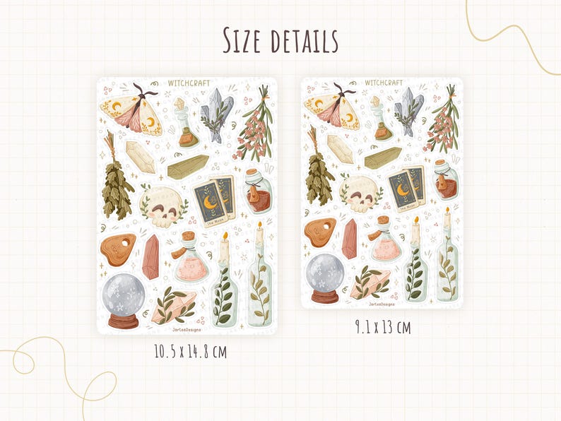 May include: Two sticker sheets labelled WITCHCRAFT featuring illustrations of moths, crystals, skulls, tarot cards, potion bottles, candles, and a crystal ball. The left sheet measures 10.5 by 14.8 cm, and the right sheet measures 9.1 by 13 cm.