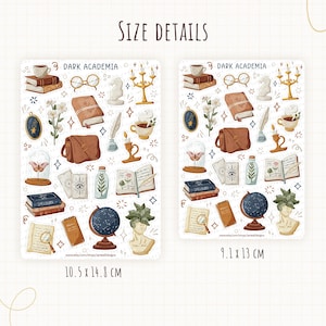 May include: Two sticker sheets labeled DARK ACADEMIA featuring illustrations of books, a globe, a bust, a magnifying glass, a satchel, and candles. The sheets measure 10.5 x 14.8 cm and 9.1 x 13 cm. The designs include various stationery and academic items.