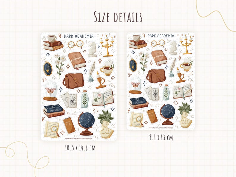 May include: Two sticker sheets labeled DARK ACADEMIA featuring illustrations of books, a globe, a bust, a magnifying glass, a satchel, and candles. The sheets measure 10.5 x 14.8 cm and 9.1 x 13 cm. The designs include various stationery and academic items.