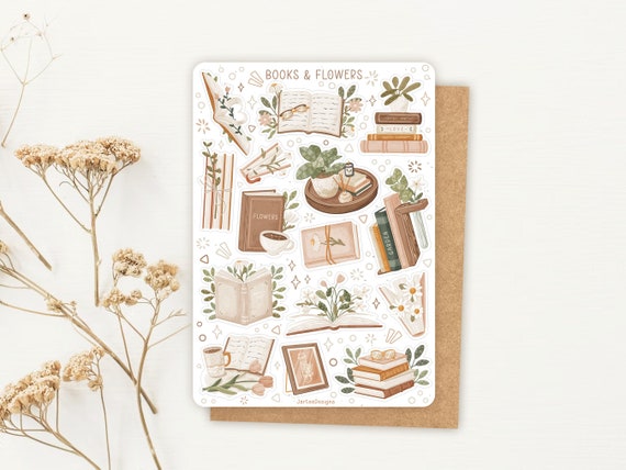 Sticker Sheet Books and Flowers | reading journal stickers, planner stickers, book stickers, cute book stickers, book themed stickers, books