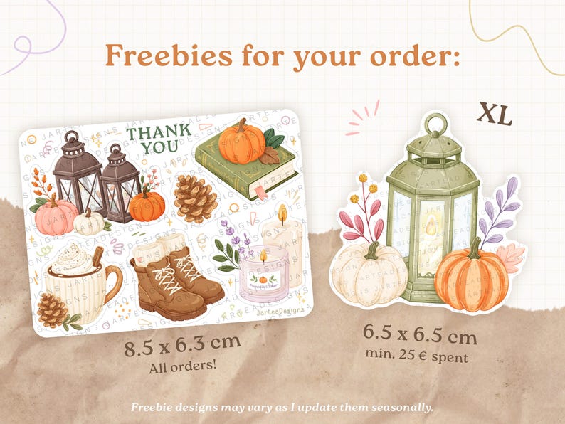 May include: A rectangular sticker sheet and a die-cut sticker featuring autumn illustrations. The sheet displays lanterns, pumpkins, a book, a pinecone, a mug, boots, and candles with the text THANK YOU. The die-cut sticker shows a lantern, pumpkins, and foliage. Dimensions are 8.5 x 6.3 cm and 6.5 x 6.5 cm.