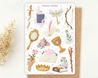 Sticker Sheet Fantasy Reader Sticker | reading journal stickers, fantasy stickers, cute book stickers, book themed sticker, magic, fairy