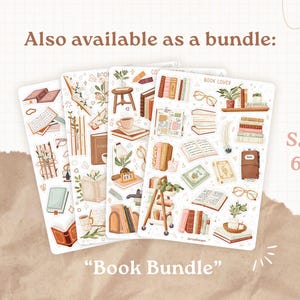 May include: Four sticker sheets featuring illustrations of books, reading accessories, plants, and furniture. The text reads: Also available as a bundle: Save 6% Book Bundle. The stickers are arranged in a fan shape with a soft, neutral color palette.