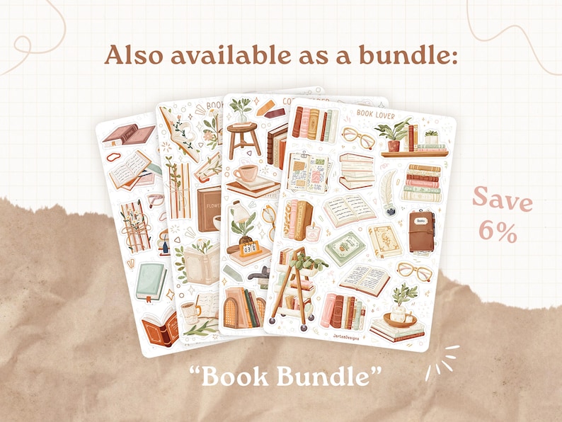 May include: Four sticker sheets featuring illustrations of books, reading accessories, plants, and furniture. The text reads: Also available as a bundle: Save 6% Book Bundle. The stickers are arranged in a fan shape with a soft, neutral color palette.