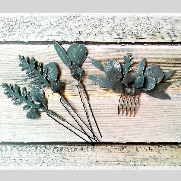 Eucalyptus Leaves Hair Comb or Set of 3Pins/Dusty Gray Comb/Succulent Comb/Woodland Greenery Hair Piece