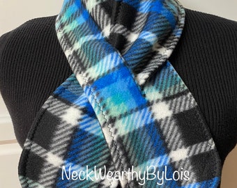 Blue Fleece Scarf, Reversible Plaid with Black Solid, Pull-Through Short Winter Scarf, Small Scarf for Man, Woman, Teen