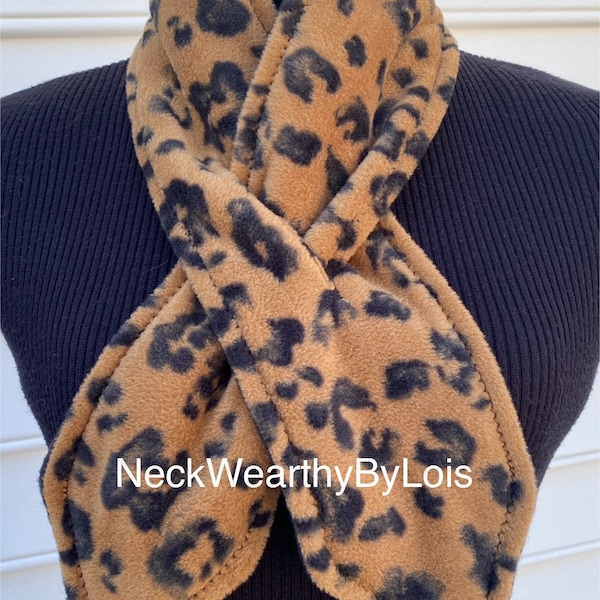 Brown Cheetah Reversible Neck Warmer Scarf with Black Solid, Warm Pull-Through Fleece Scarf,  Short Warm Winter Scarf, Gift