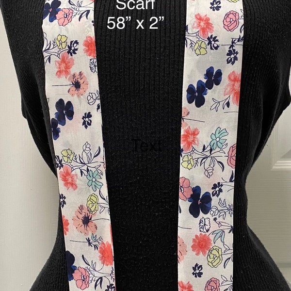 Floral Skinny Scarf 58”x2”, Narrow Chiffon Scarf, Sash, Ascot, Headscarf, Fabric Necklace, Ladies Bow Scarf, Choker Tie