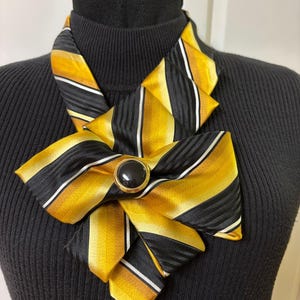 Gold, Black Repurposed Silk Necktie Bow, Adjustable Statement Necklace, Woman&#39;s Necktie Scarf, Wearable Art, Gift for Lady