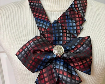 Black, Red, Blue Bow Vintage Necktie Statement Necklace, Adjustable Woman's Necktie Scarf, Wearable Art, Repurposed Necktie