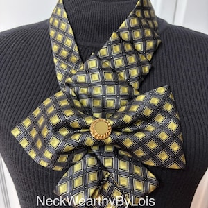 Olive Green Black Silk Necktie Scarf Bow Necklace, Adjustable Repurposed Vintage Necktie, Statement, Woman&#39;s Necktie, Wearable Art, Gift