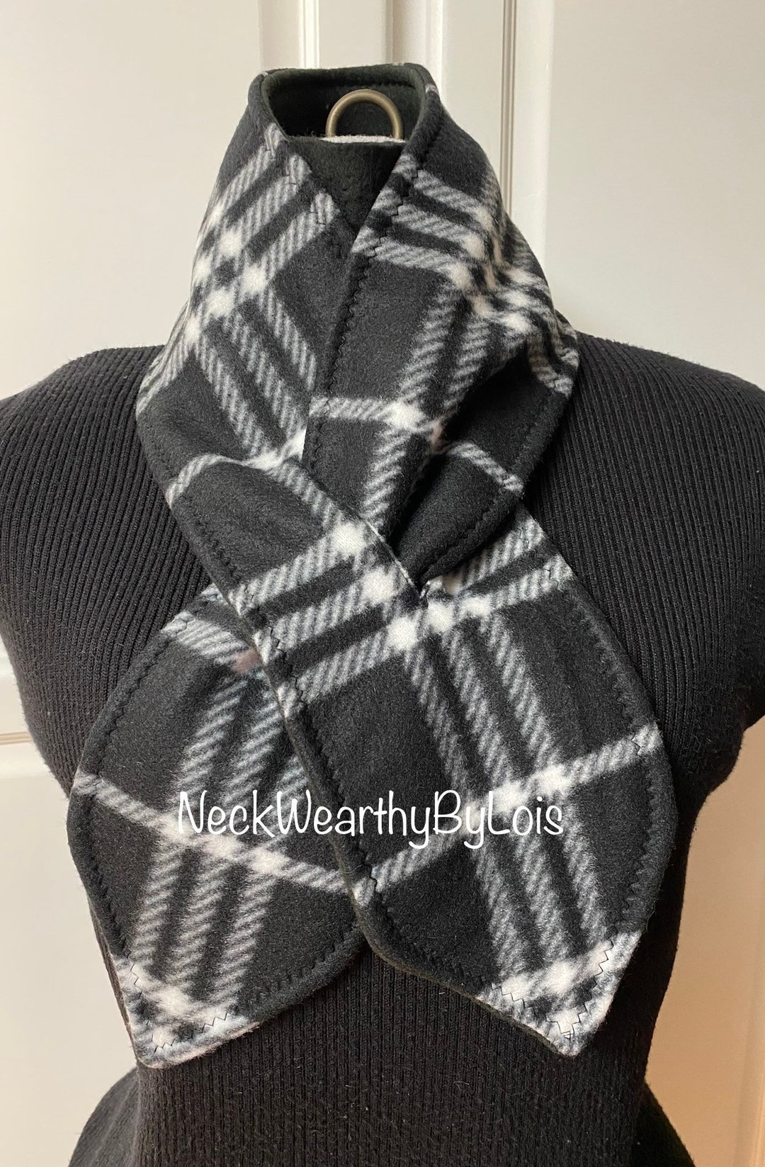 Black Fleece Scarf, Reversible Plaid With Black Solid, Pullthrough