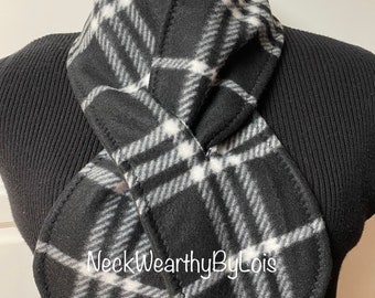 Black Fleece Scarf, Reversible Plaid with Black Solid, Pull-Through Short Winter Scarf, Small Scarf for Man and Woman