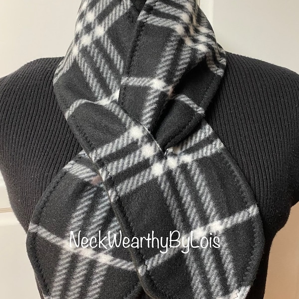 Black Fleece Scarf, Reversible Plaid with Black Solid, Pull-Through Short Winter Scarf, Small Scarf for Man and Woman