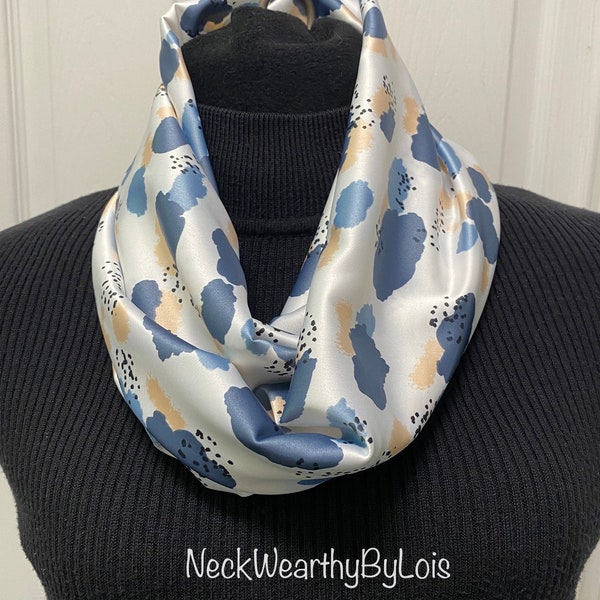 White, Blue, Tan  Infinity Double Loop Scarf, Circle Scarf, Silky Cowl Scarf, Gift for Lady