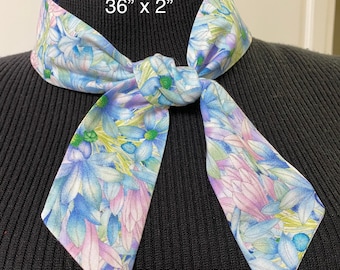 Short 36” x 2” Skinny Cotton Scarf, Blue Floral Headband, Ponytail Scarf, Hair Tie, Hat Scarf, Headband, Non-Slip Cotton