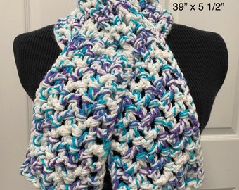 Cozy Crochet Scarf, Keyhole Handmade Pull-Through Seaspray Ombre Blue Purple White, Short 3 Season Scarf, 39 x 5-1/2 inches