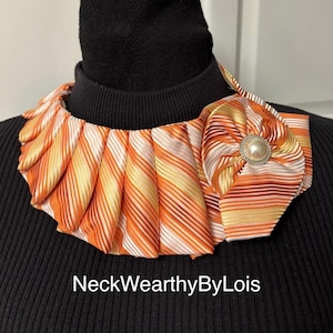 Orange Rust White Necktie Necklace, Collar Scarf, Repurposed Clothing, Statement Necklace, Wearable Art, Gift for Lady